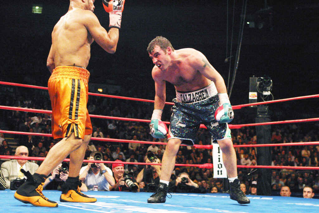 Joe Calzaghe dips his head during his fight against Roy Jones Jr,