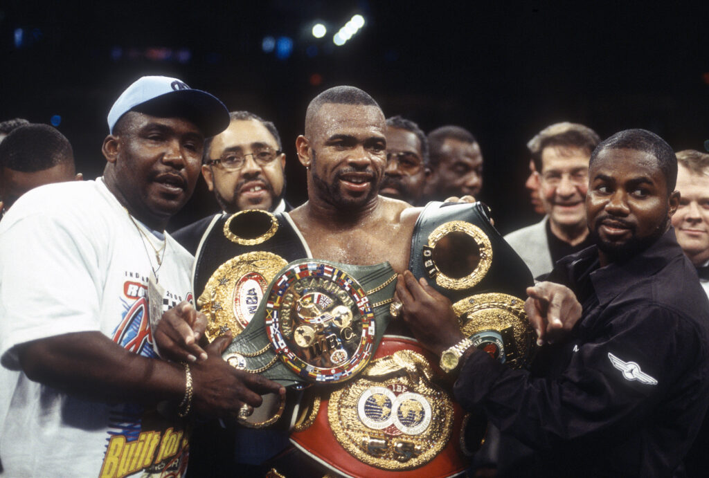 Roy Jones Jr. celebrates after his light heavyweight title defense against John Telesco in 2000