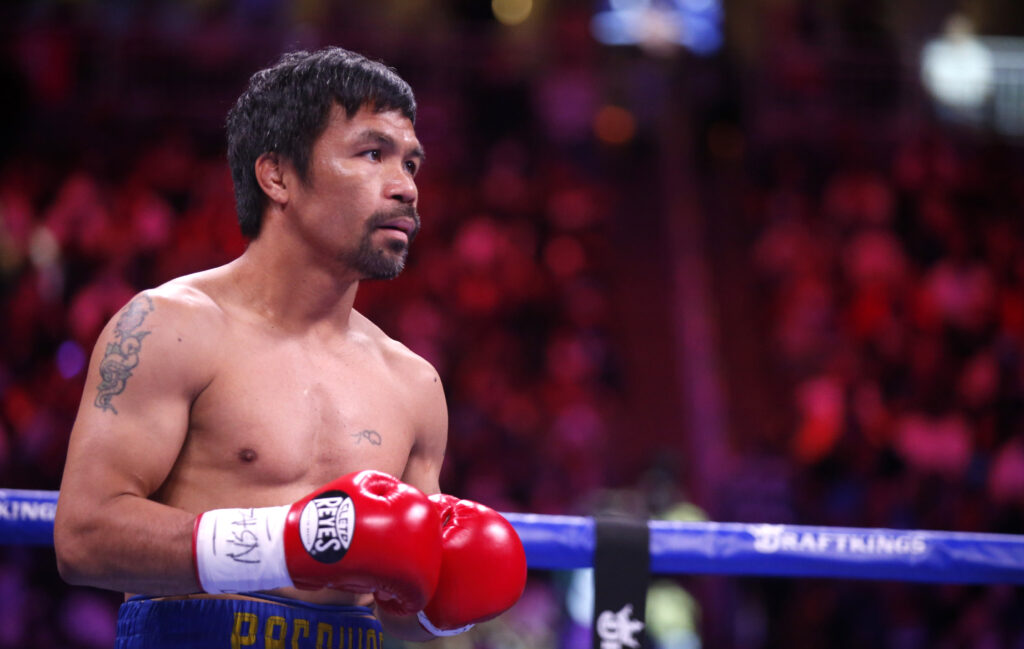 Manny Pacquiao in the ring before his 2021 title fight with Yordenis Ugas in Nevada