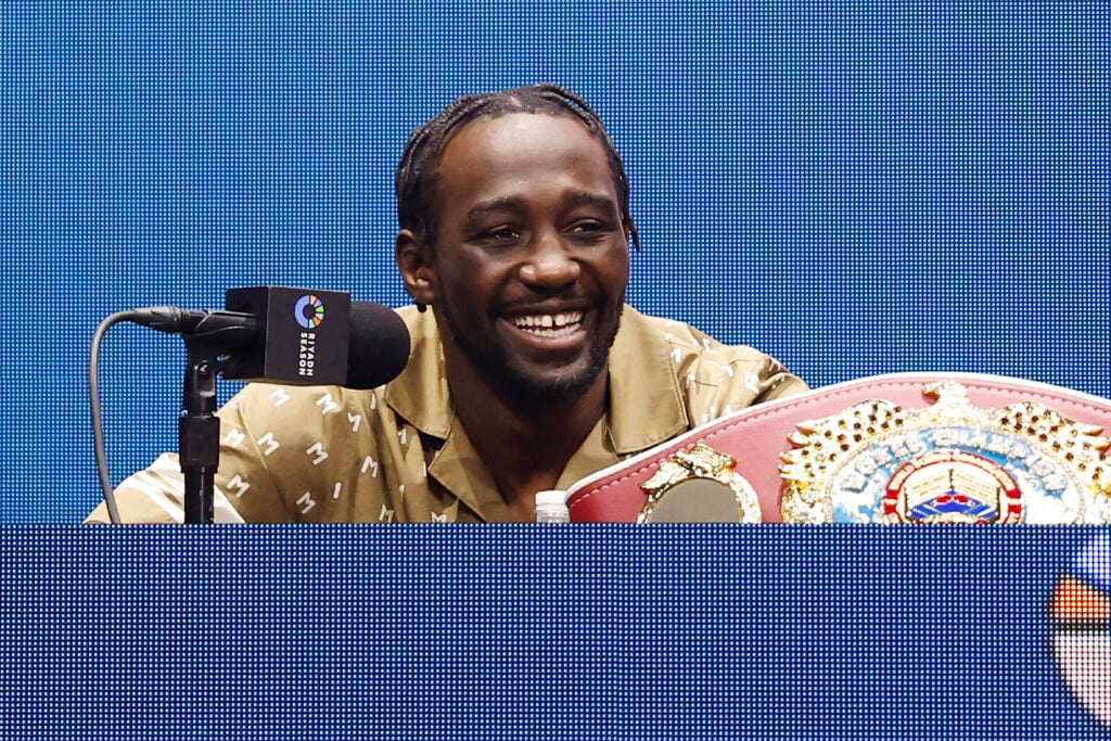 Terence Crawford smiles during the pre-fight press conference ahead of his fight with Israil Madrimov in 2024