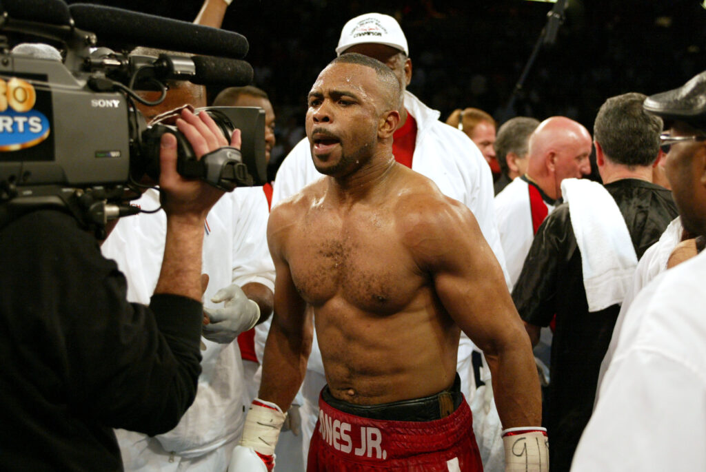 Roy Jones Jr talks to the camera after his win against Glen Kelly