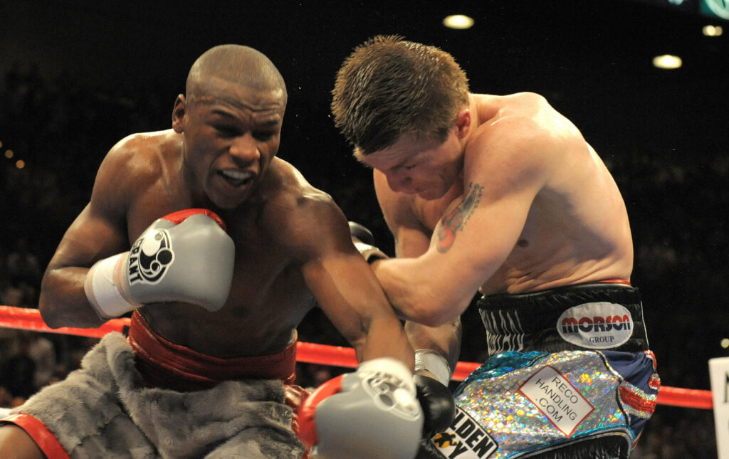 Ricky Hatton is hit by a left hand from Floyd Mayweather during their 2007 fight